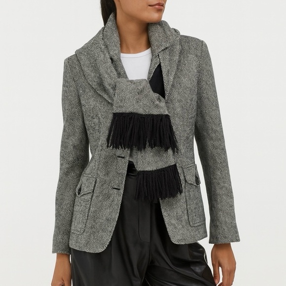 Jessica Jackets & Blazers - Tweed Blazer Wool Jacket w Detached Scarf Heritage Classic VTG Grey S10